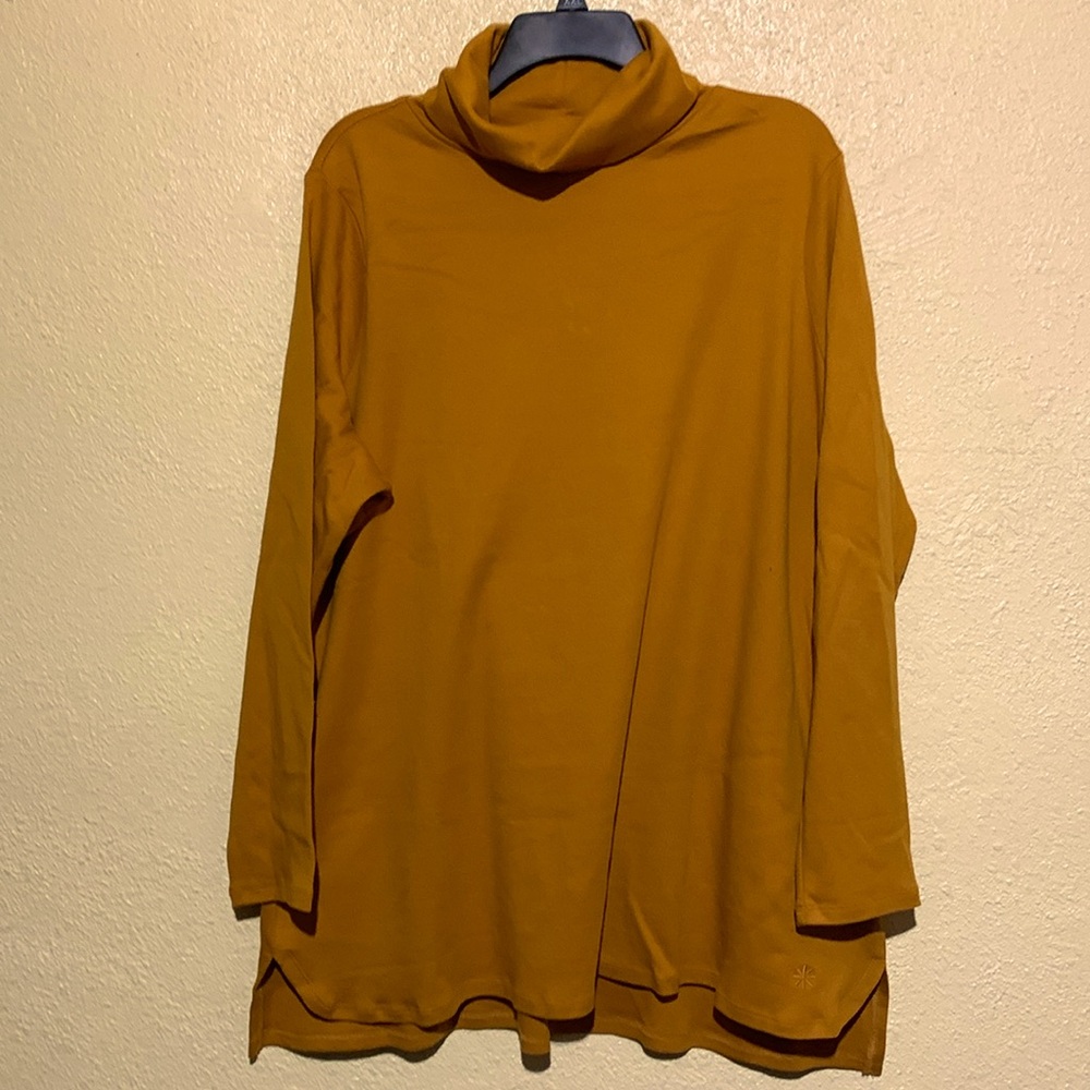 Isaac Mizrahi Top Blouse XXL Golden Brown Stretch Turtle Neck Cotton Long Sleeve